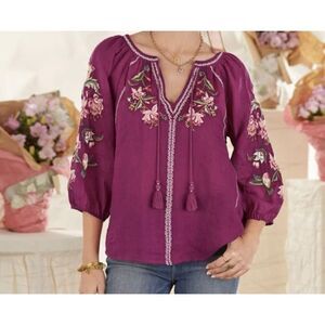 Sundance Blouse Shayda Embroidered Peasant Tassel Ties Berry Tunic Top Women's